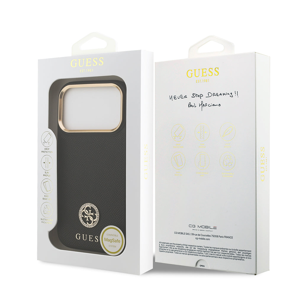 Guess iPhone 17 Pro Orjinal Lisanslı M-safe Şarj Özellikli Grained Yazı ve Taşlı 4G Logolu Kılıf Guess iPhone 17 Pro Orjinal Lisanslı M-safe Şarj Özellikli Grained Yazı ve Taşlı 4G Logolu Kılıf